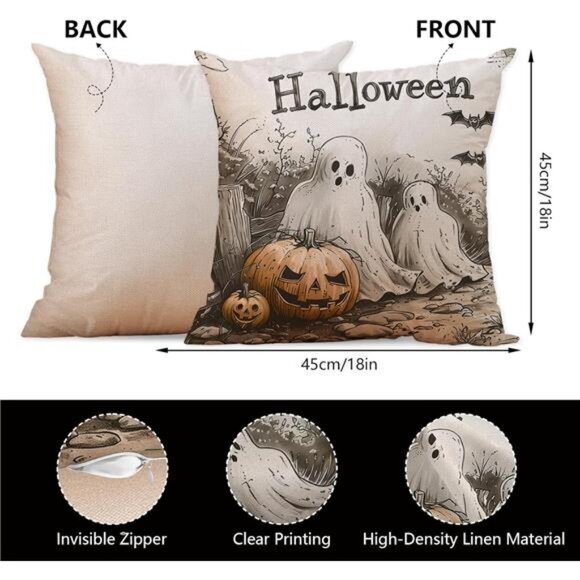 Set of 4 Halloween Pillow Covers -18x18 Inch 'Boo' Ghost‎ & Evil Pumpkin Cushion - Picture 4 of 7